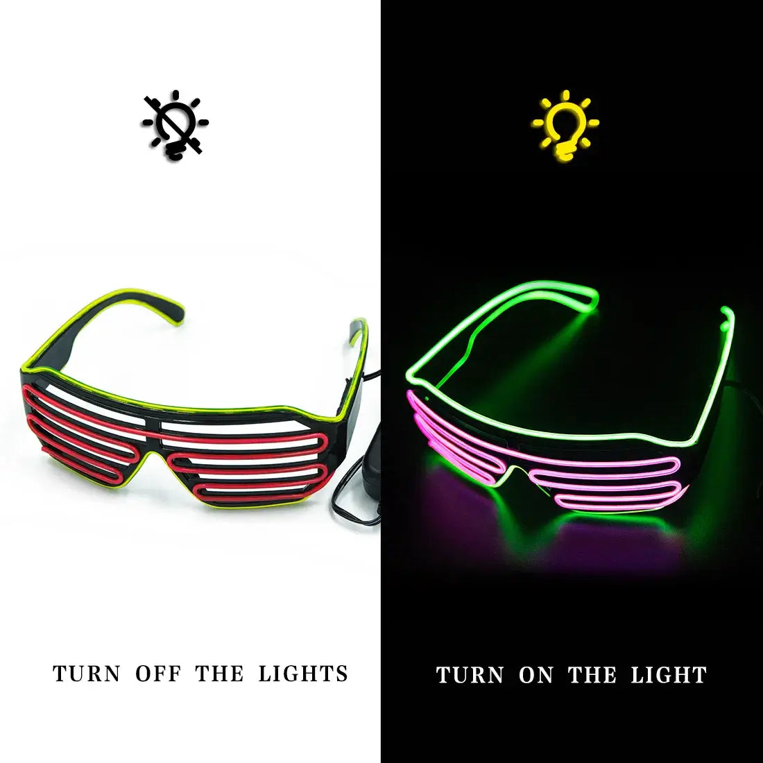 LED glowing party glasses with neon light-up feature in off and on modes, showcasing vibrant colors for rave parties.