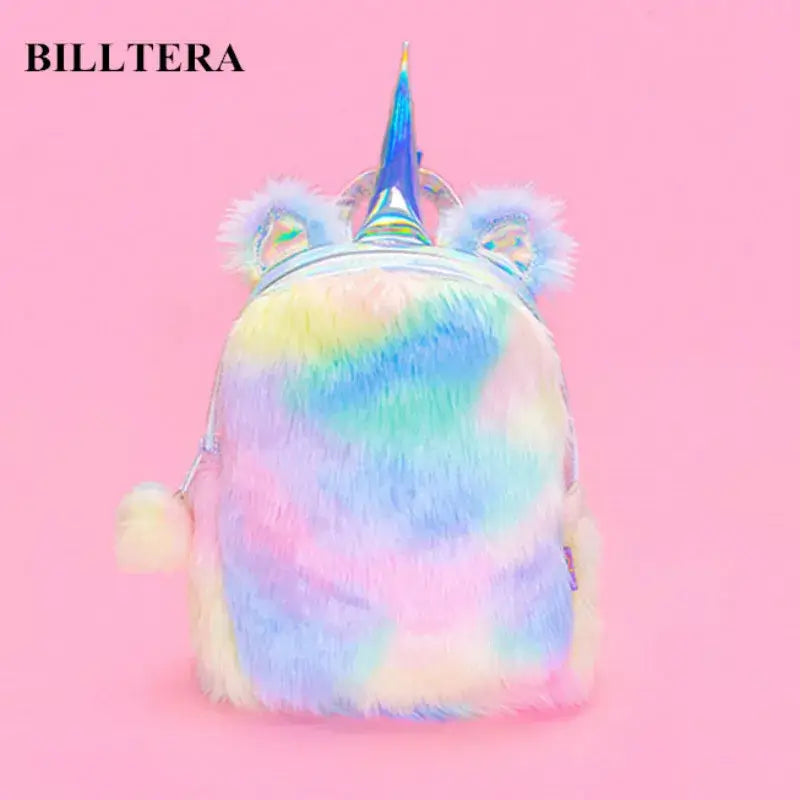 Kawaii unicorn rainbow mini backpack with holographic horn and ears on pink background, perfect for festivals and parties.