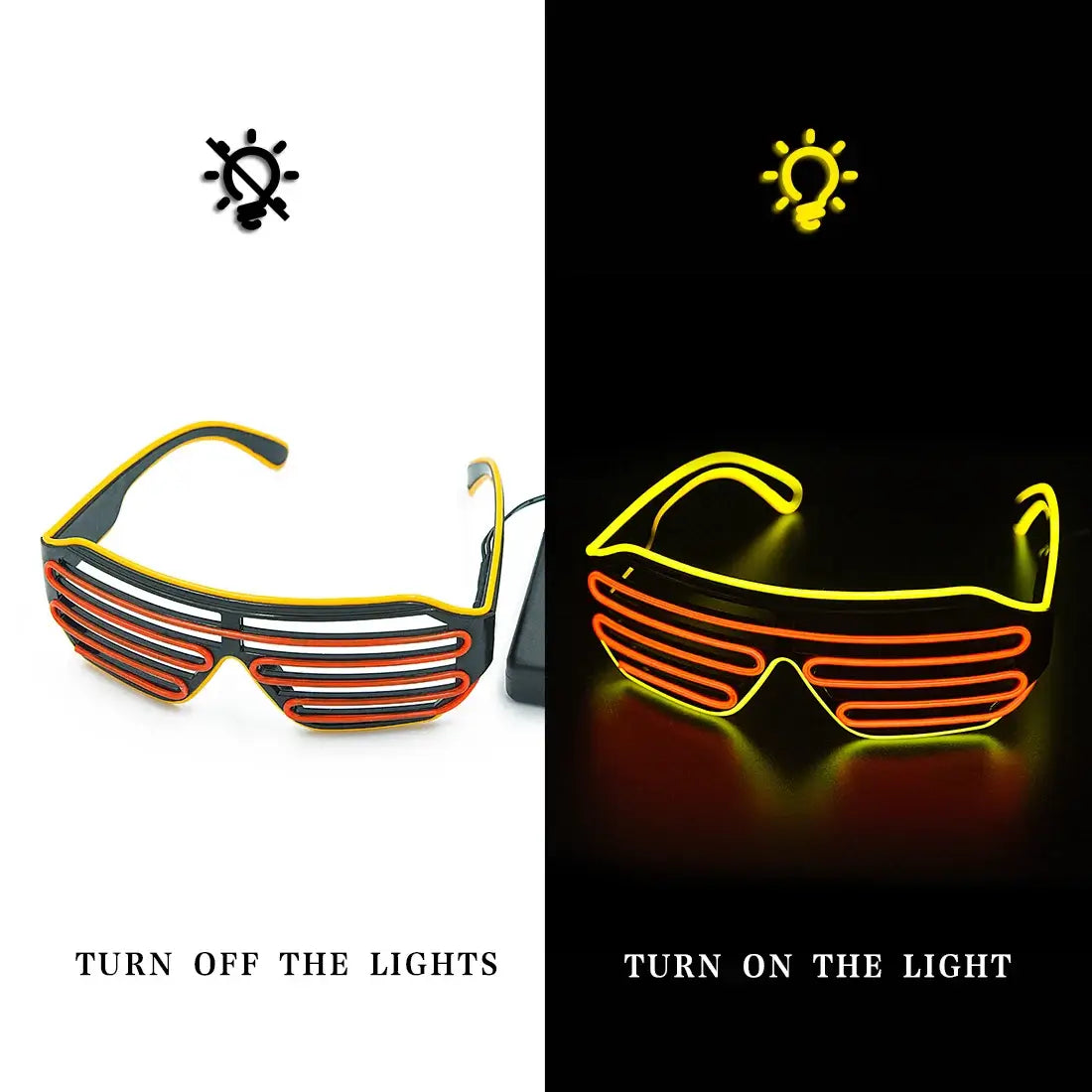 "LED glowing party glasses in orange, shown off and on, for raves and festivals with neon light-up design."