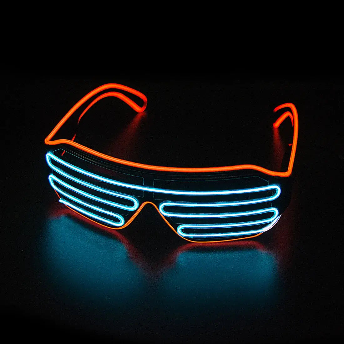 LED glowing neon party glasses with orange and blue lights, perfect for raves and festivals.