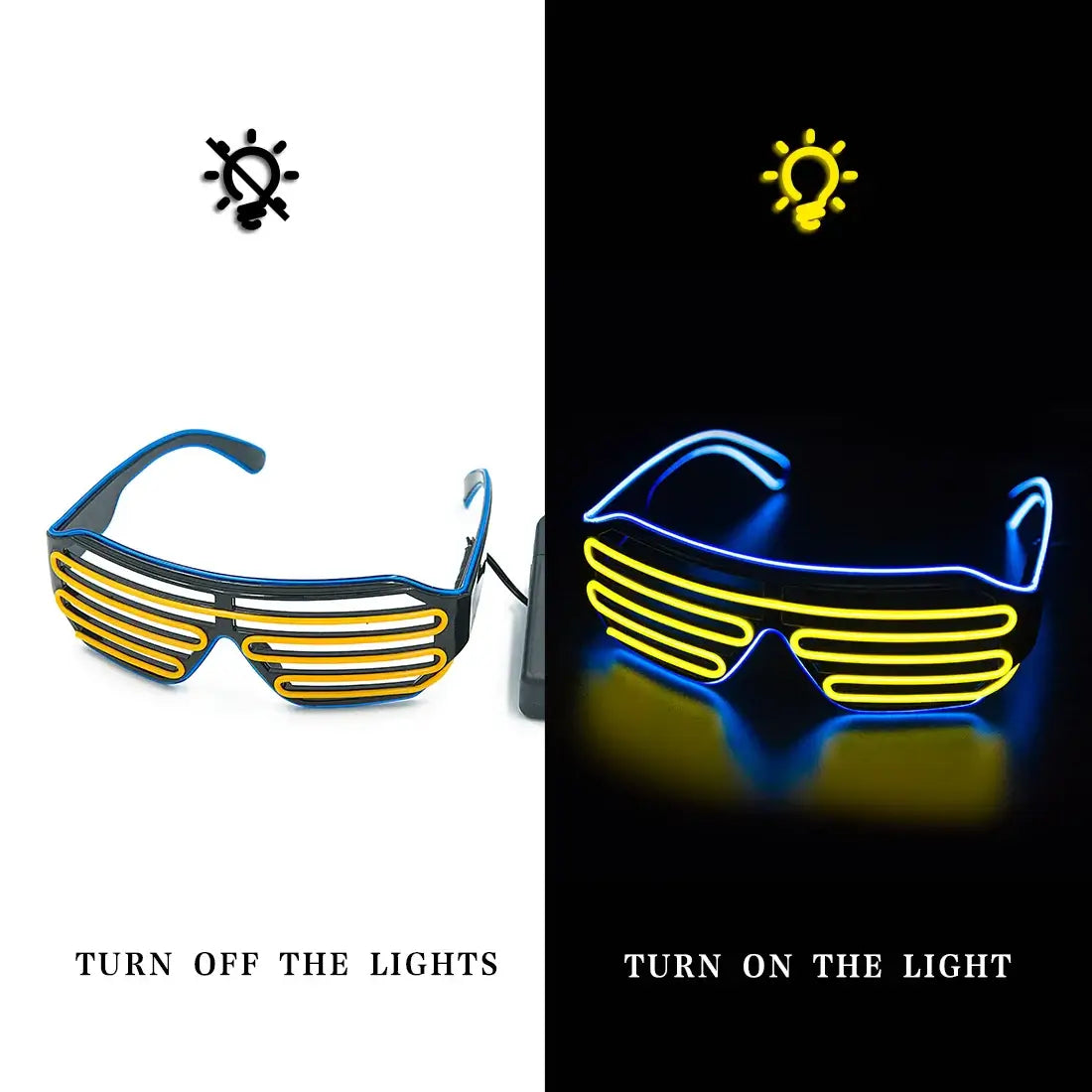 LED neon light-up party glasses in off and glowing modes, perfect for raves and festivals.