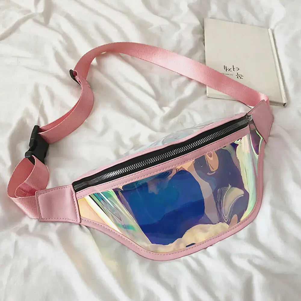 Holographic PVC fanny pack with pink strap on white background; stylish large capacity waist bag for travel, festivals, and raves.