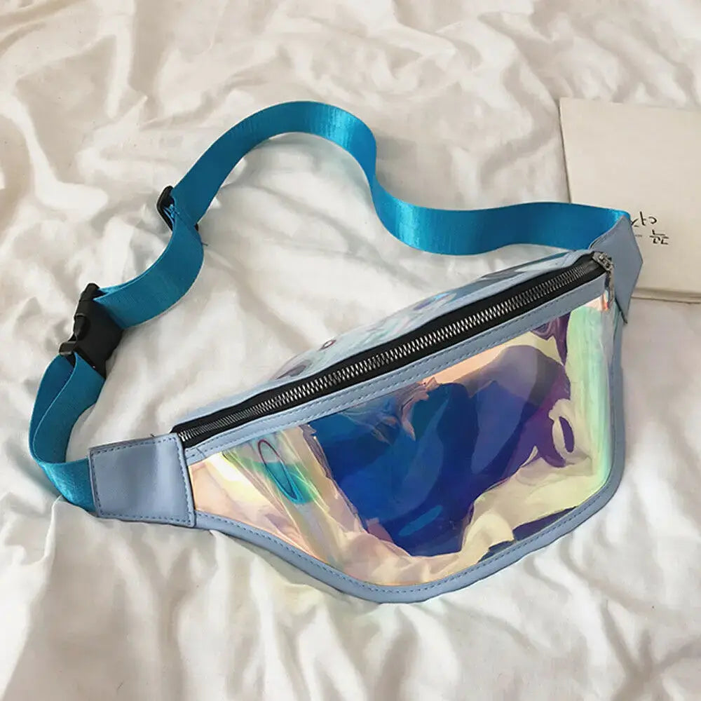 Holographic PVC fanny pack with adjustable blue strap, offering large capacity for travel and raves. Unisex design on white background.