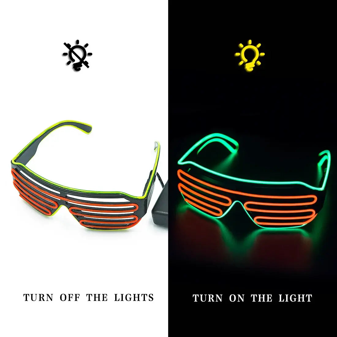 LED glowing party glasses showcasing neon light-up modes for rave nights, with options for lights on and off.