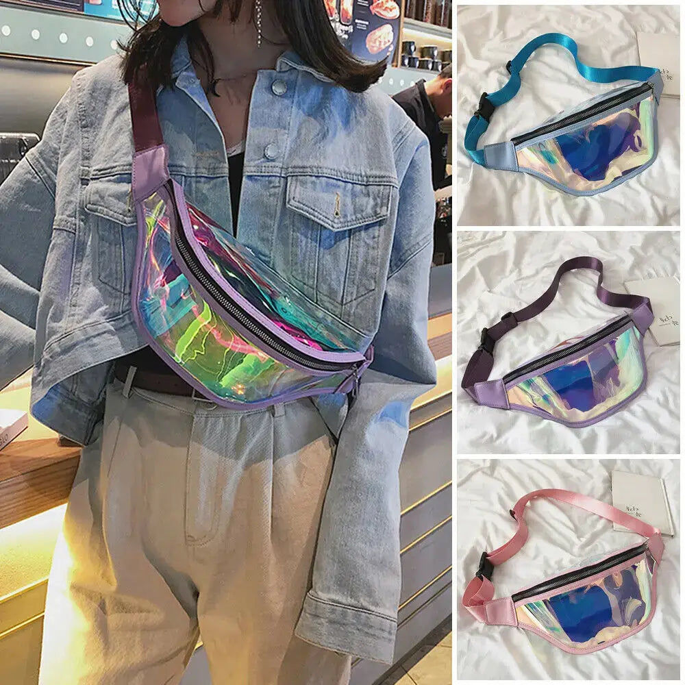 Holographic PVC fanny pack in three colors worn by person, featuring adjustable strap and spacious design for travel and raves.