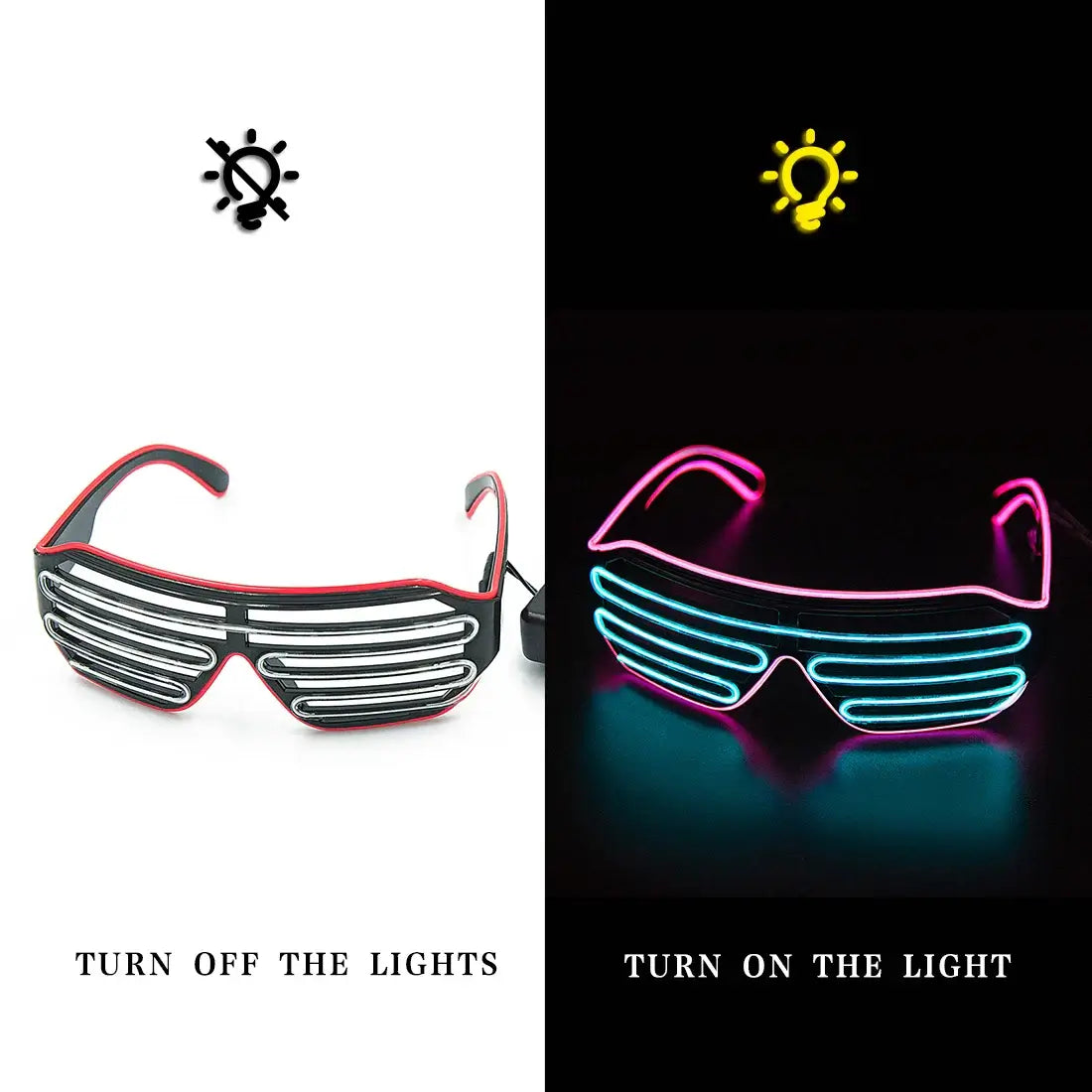 LED Glowing Party Glasses in off and neon light modes, showcasing vibrant colors for raves and festivals.