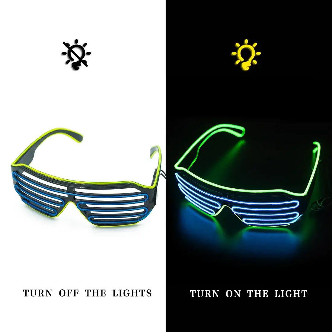 LED glowing party glasses with neon light-up effect, displayed in off and on modes for rave events and festivals.