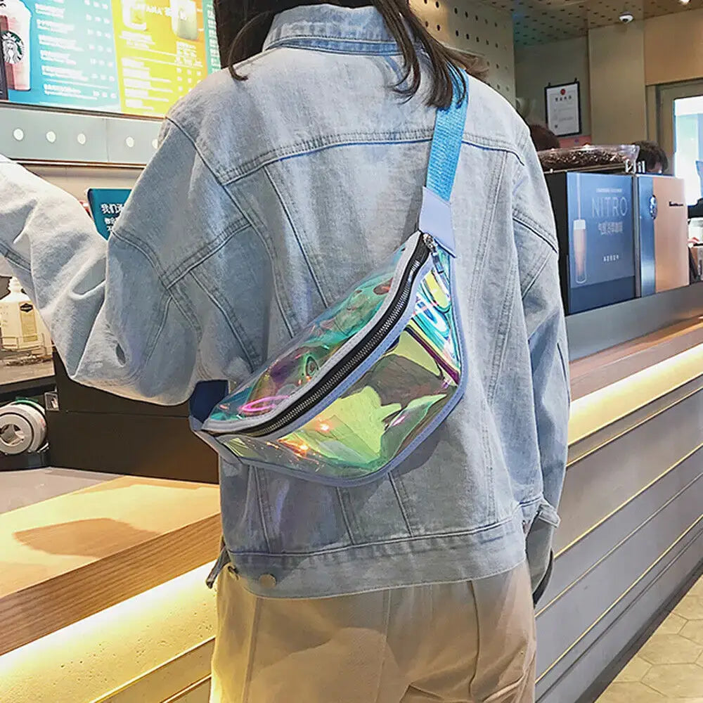 Woman wearing holographic PVC fanny pack at coffee shop; large capacity waist bag perfect for travel, festivals, and raves.