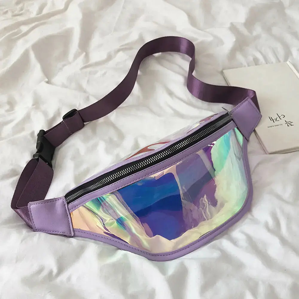 Holographic PVC fanny pack with zipper, purple strap, and large capacity for travel and raves on a white fabric background.