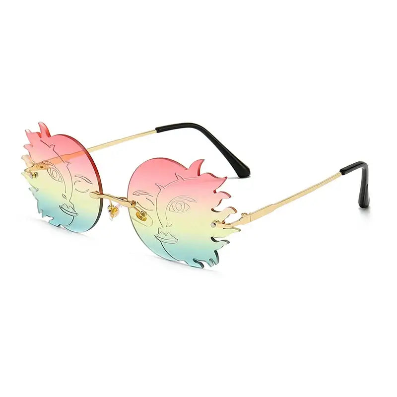 Irregular round rimless sunglasses with gradient lenses and UV400 protection for men and women.