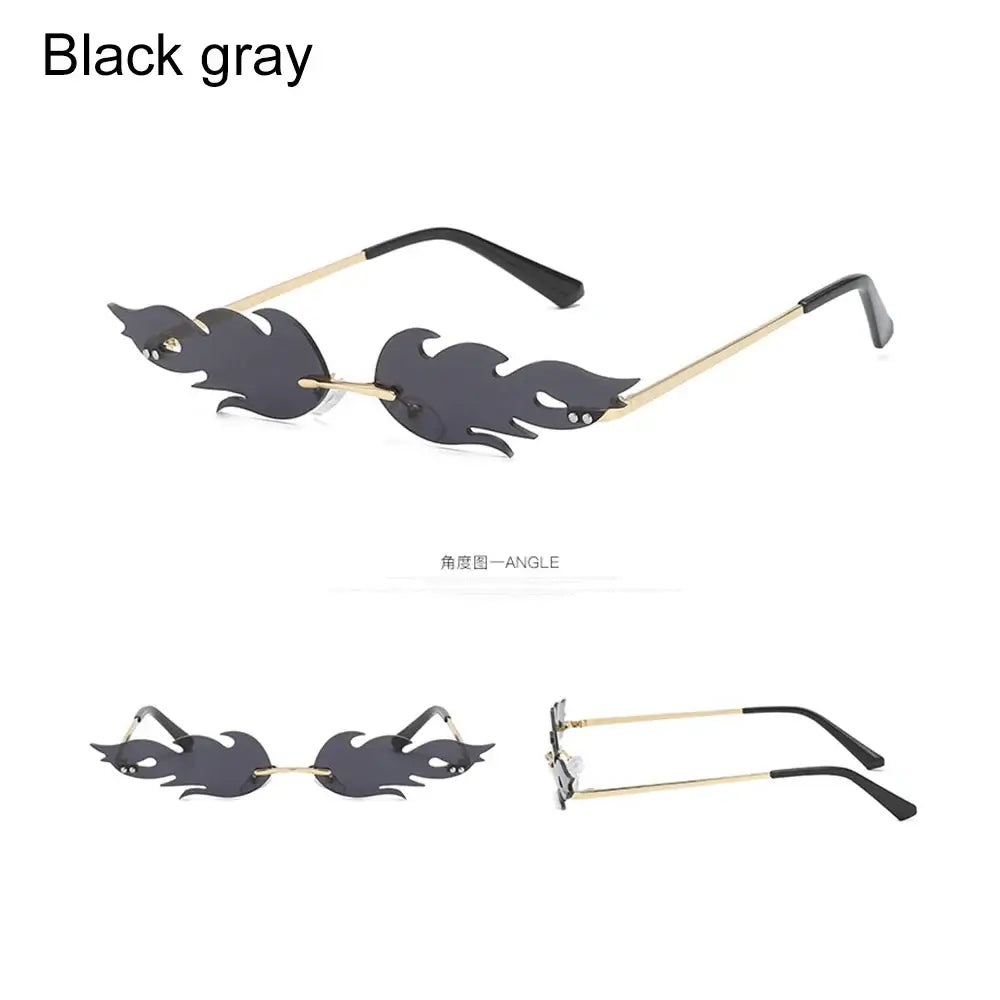 Black gray flame-shaped rimless sunglasses with gold arms - trendy UV400 protection eyewear for men and women.