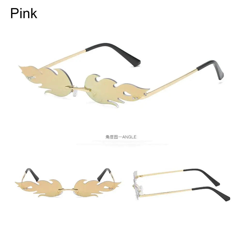 Pink flame-shaped rimless sunglasses with UV400 protection and lightweight design