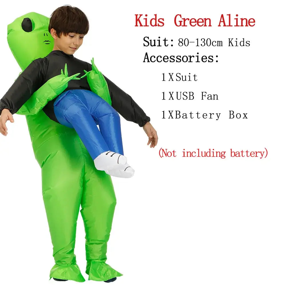 Child wearing a funny inflatable green alien costume with suit, USB fan, and battery box for festivals and parties.