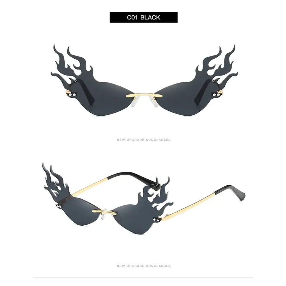 Black flame-shaped rimless sunglasses with gold arms, featuring a bold and edgy design with UV400 protection for men and women.