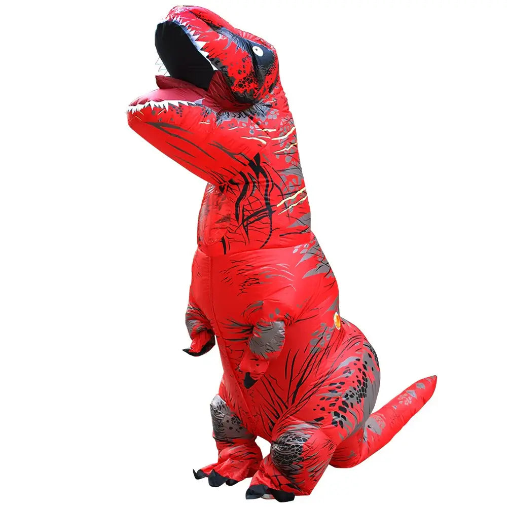 Red inflatable T-Rex dinosaur costume for cosplay, Halloween, and parties; fun outfit for adults and kids with easy inflation.