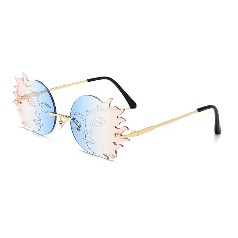 Rimless irregular round sunglasses with gradient lenses and sun design, UV400 protection, for men and women.