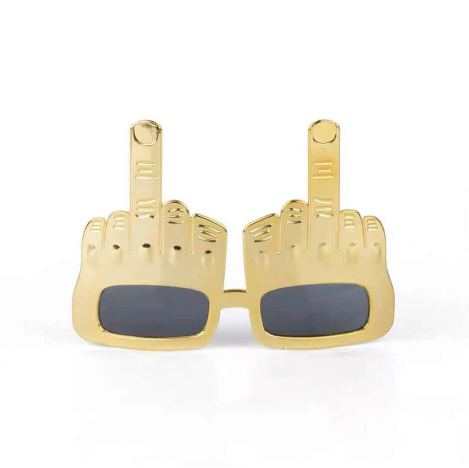 Gold middle finger sunglasses for fun, bold festival and party vibes. Perfect photo prop for raves and wild nights.