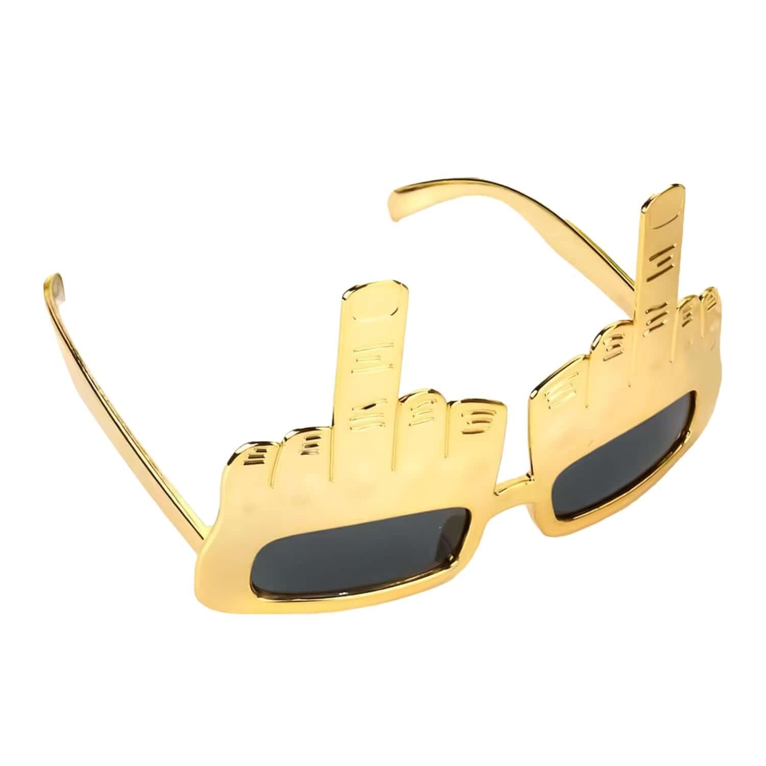 Gold middle finger-shaped sunglasses, ideal for festivals, raves, and parties, adding bold and fun vibes to any event.