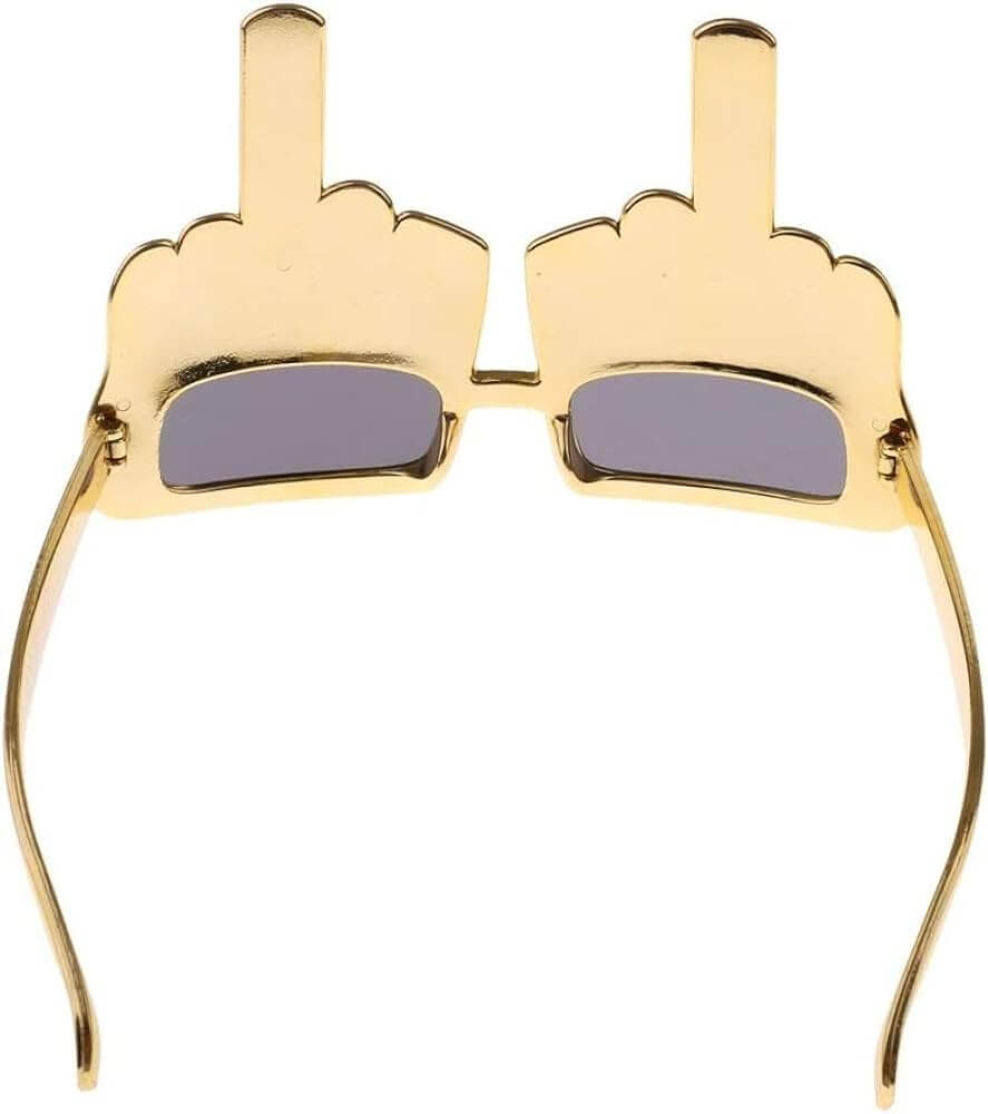 Gold middle finger sunglasses for festivals, raves, and parties, adding humor and bold style to any event.