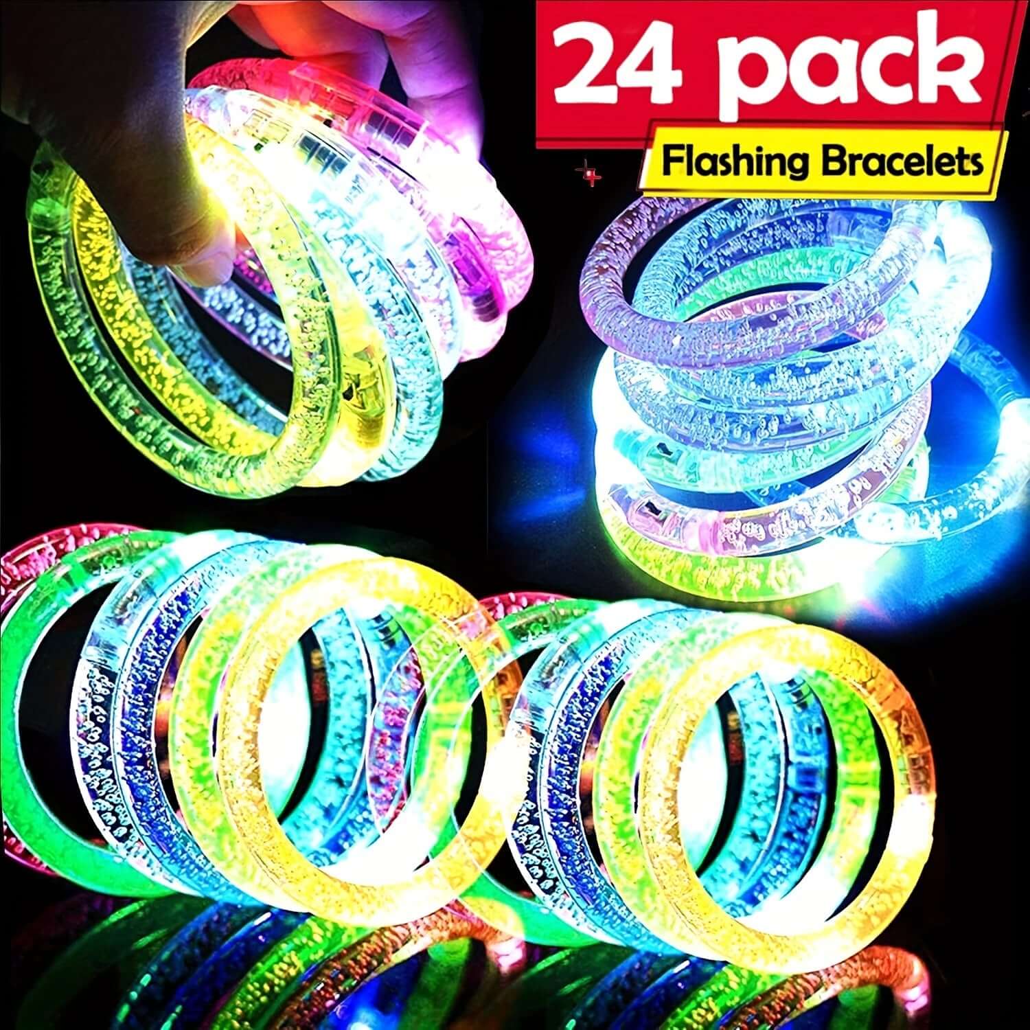 Colorful LED glow bracelets 24-pack with flashing modes, perfect for raves displayed in vibrant light-up colors.