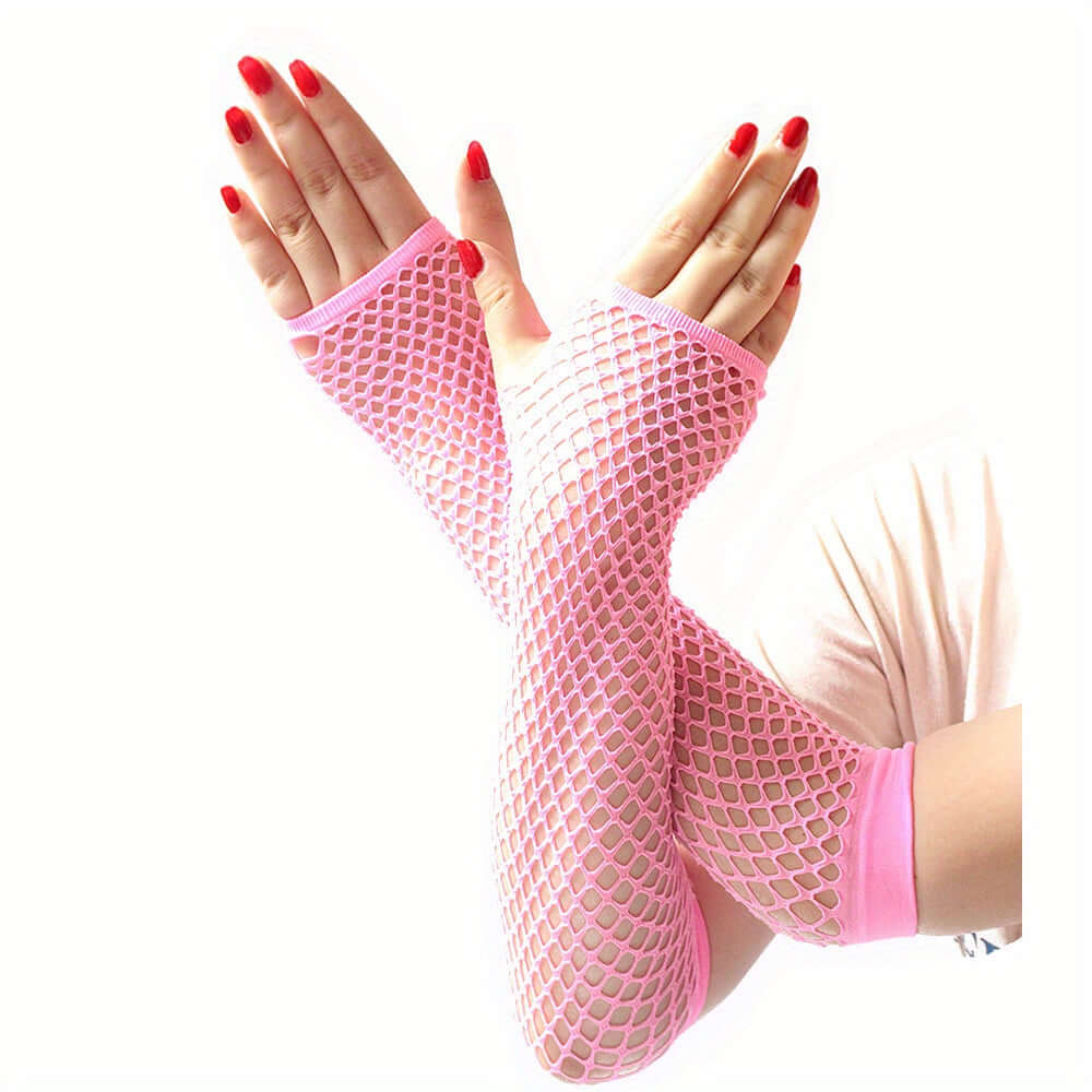 Pink fingerless mesh fishnet lace gloves, perfect for rave, festival, or cosplay outfits, offering trendy and comfortable style.