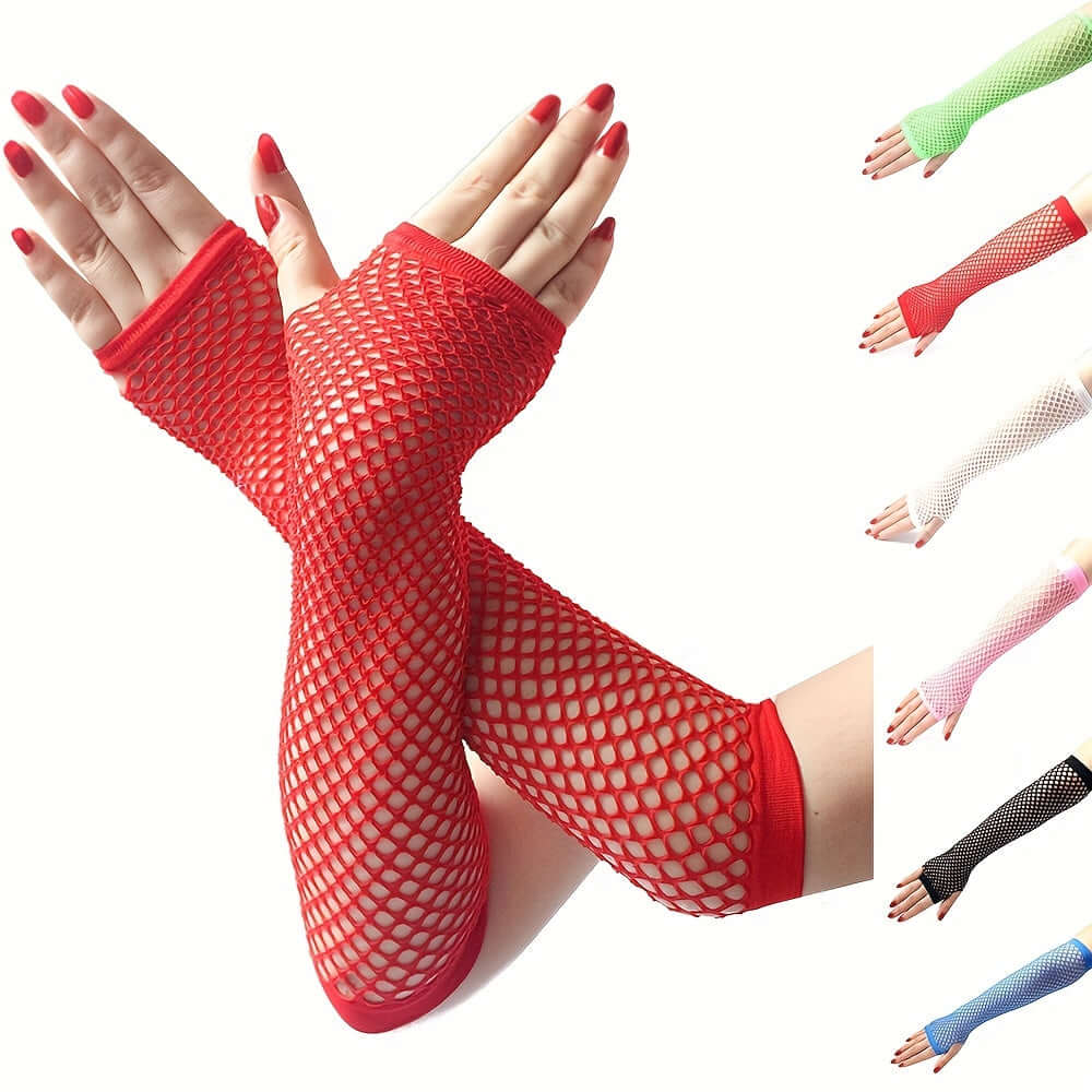 Red fingerless mesh fishnet lace gloves with multiple color options, ideal for raves, festivals, cosplay, and themed events.