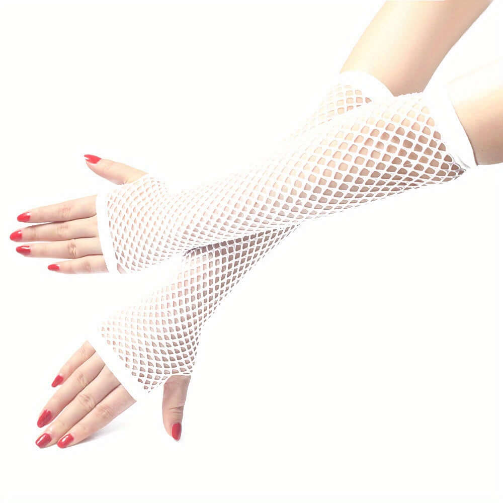 White fingerless mesh fishnet lace gloves, perfect for rave and festival fashion, featuring an edgy and elegant design.