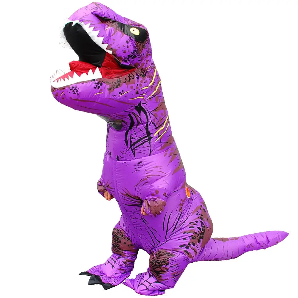 Inflatable purple T-Rex dinosaur costume for cosplay events, festivals, and parties. Fun and durable outfit for adults and kids.