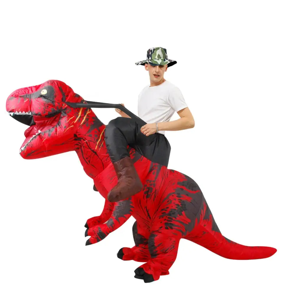 Red inflatable T-Rex dinosaur costume with rider, ideal for cosplay and parties. Fun and unique outfit for festivals.