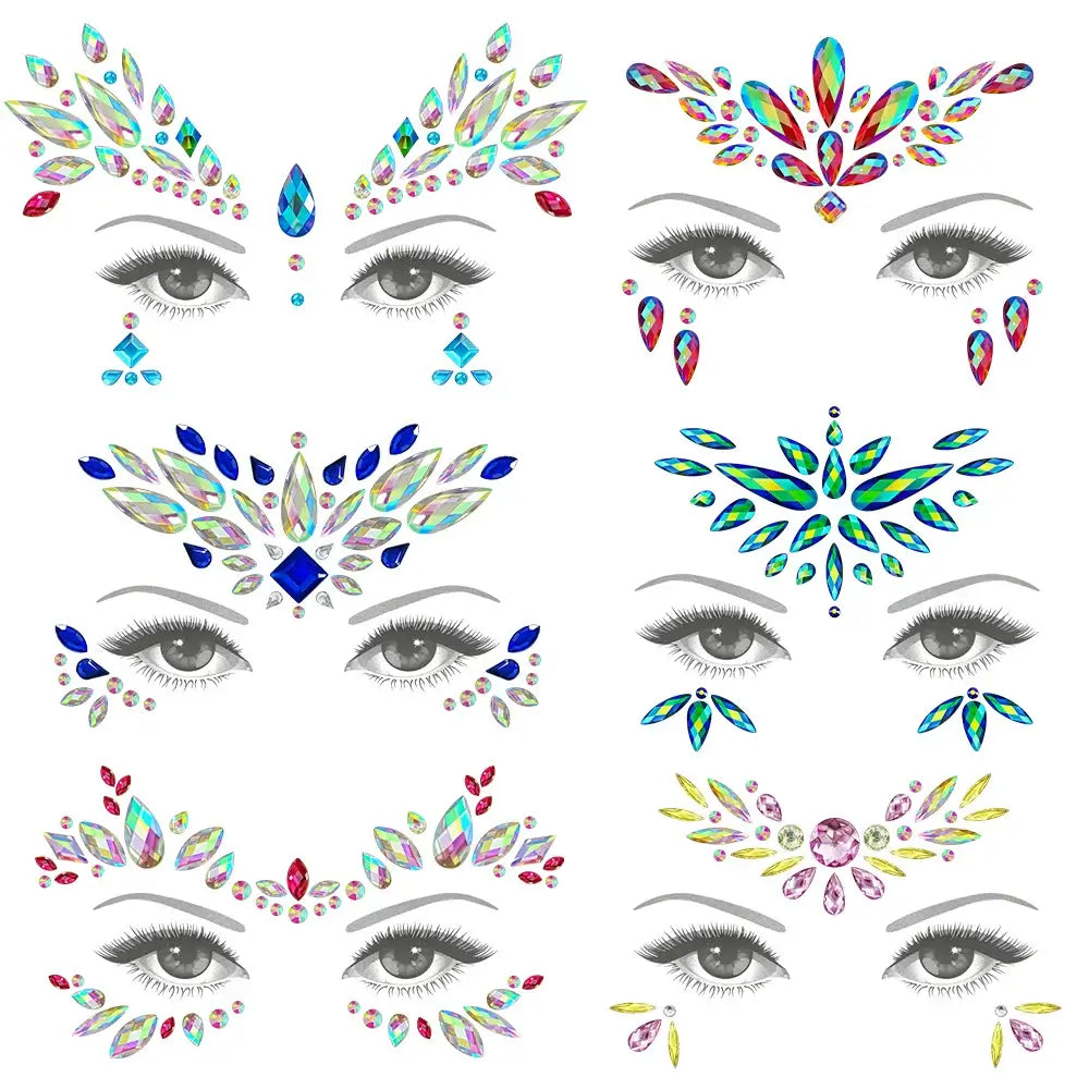 Mermaid-inspired crystal face jewels set for festival and party makeup, featuring colorful rhinestones and easy application.