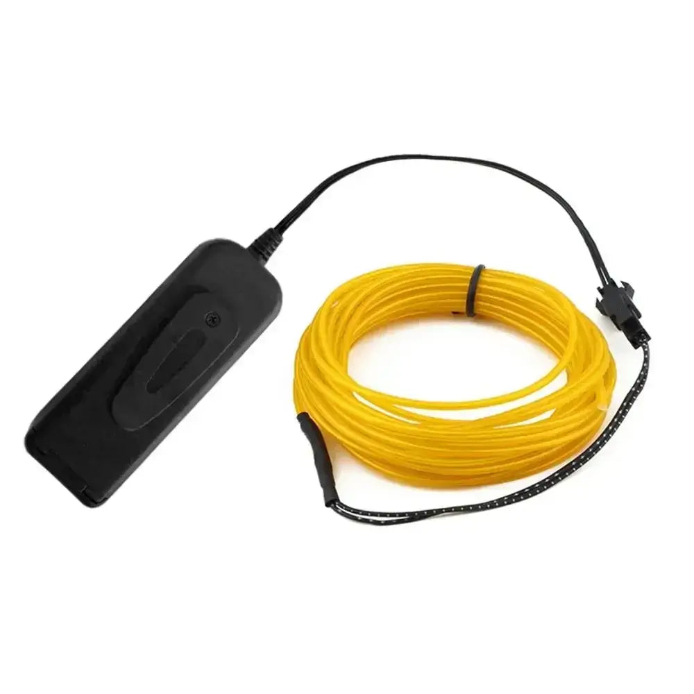 Yellow EL wire LED neon glow cable with controller for DIY costumes and home decor projects, available in various lengths.