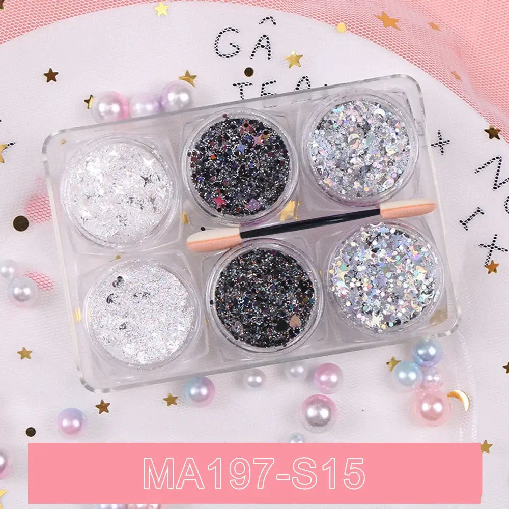 "6 jars glitter gel set with hearts, stars, and moon sequins for face, hair, and body festival makeup"