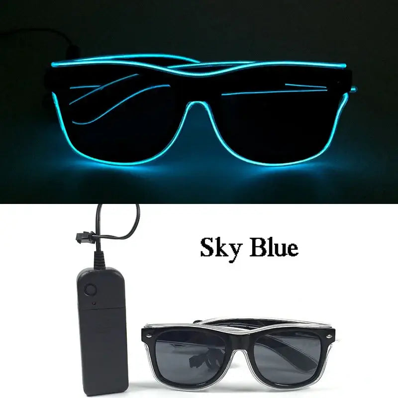 Sky blue LED glowing glasses with EL wire design, featuring a battery pack, perfect for parties and celebrations.