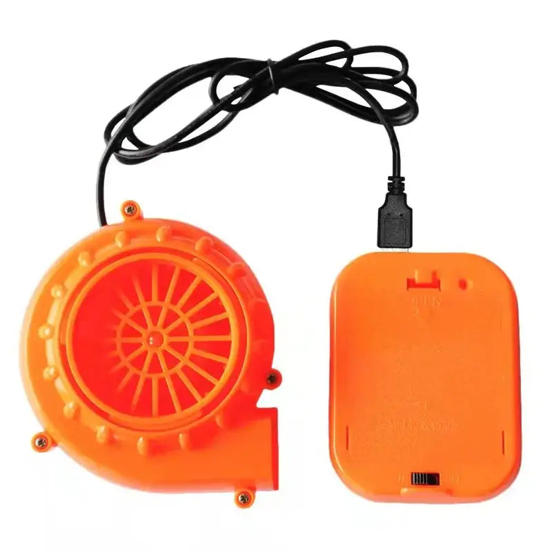 Orange inflatable costume fan charger with USB connector for costume inflation, enhancing airflow and comfort during use.