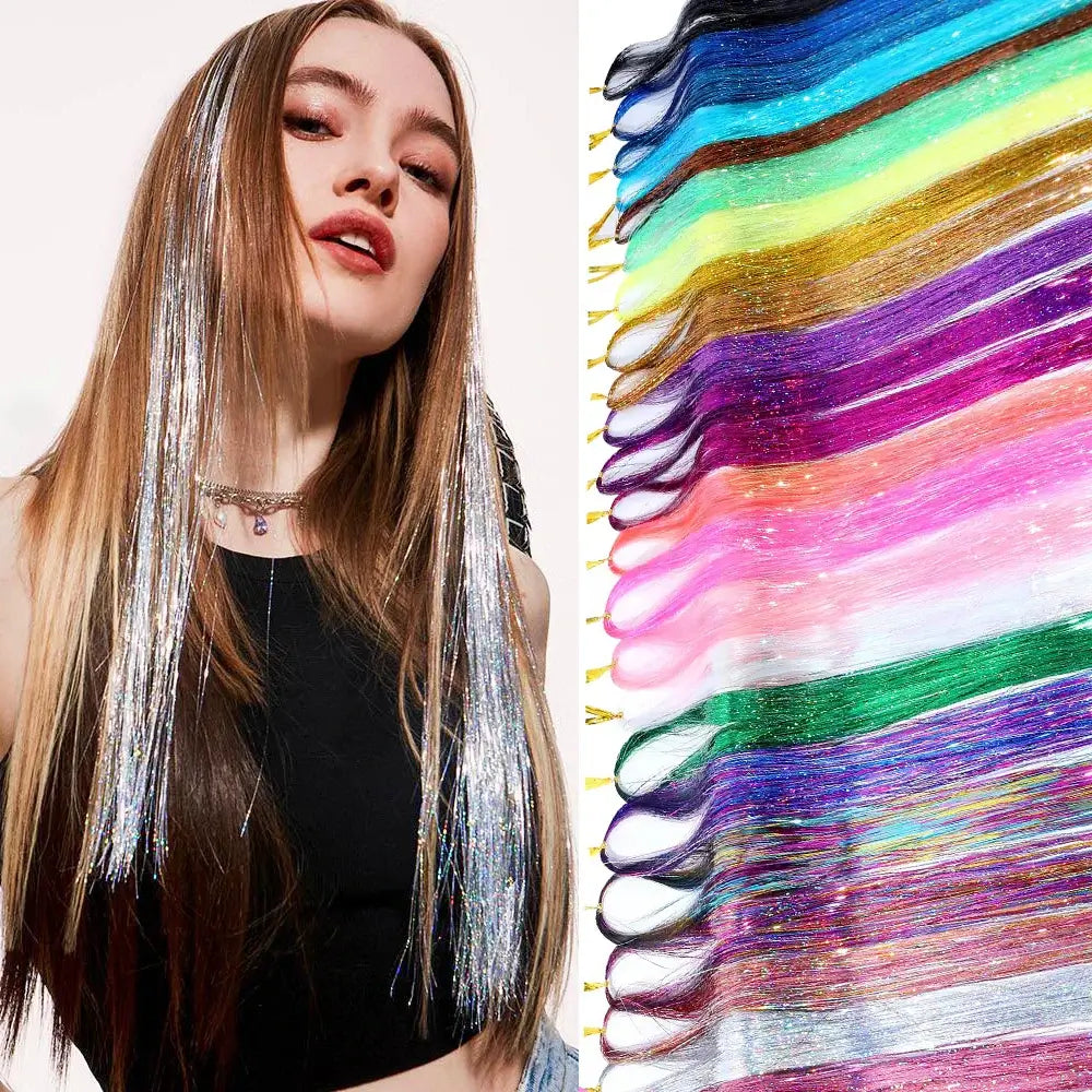 Woman wearing Rainbow Glitter Hair Tinsel Kit with 16 vibrant colors, showcasing shiny extensions ideal for parties and festivals.