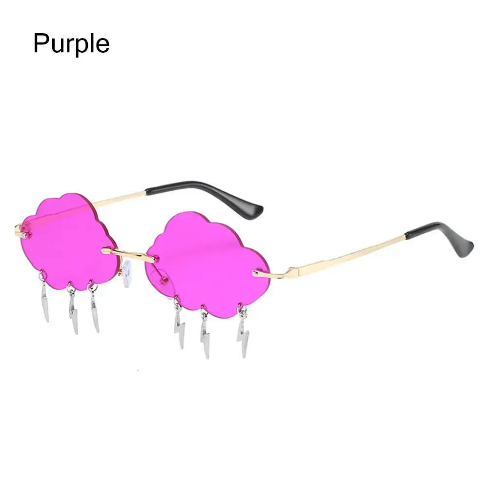 Retro purple cloud-shaped sunglasses with lightning accents and gold frames, perfect for 90s disco parties.