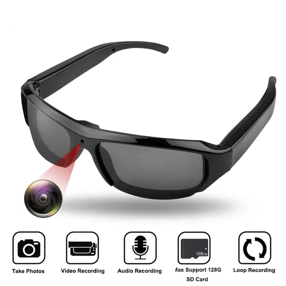 Sleek black wearable HD 1080p glasses camera with icons for photo, video, audio recording, 128GB SD card support, and loop recording.