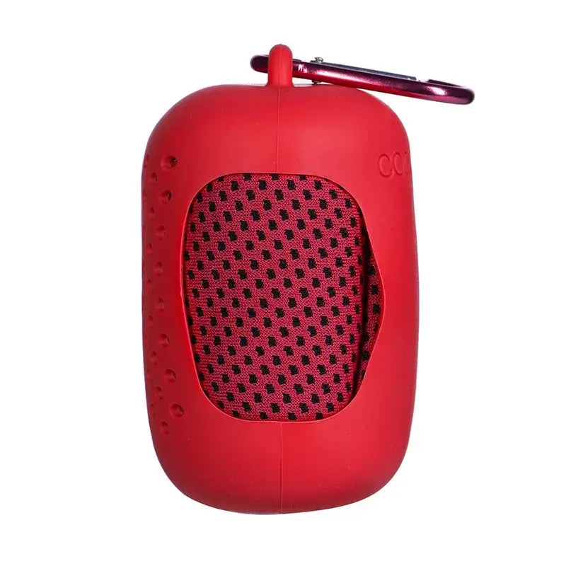 Red portable wireless speaker with clip attached for easy carrying and outdoor use.