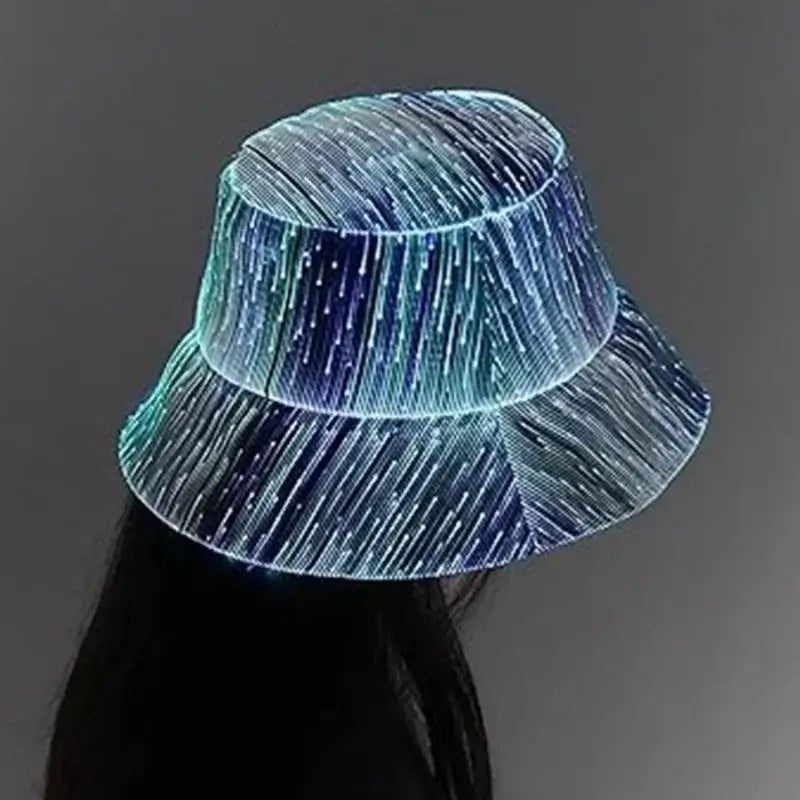 LED fiber optic bucket hat with color-changing glow for raves and festivals, featuring innovative optical fiber fabric.