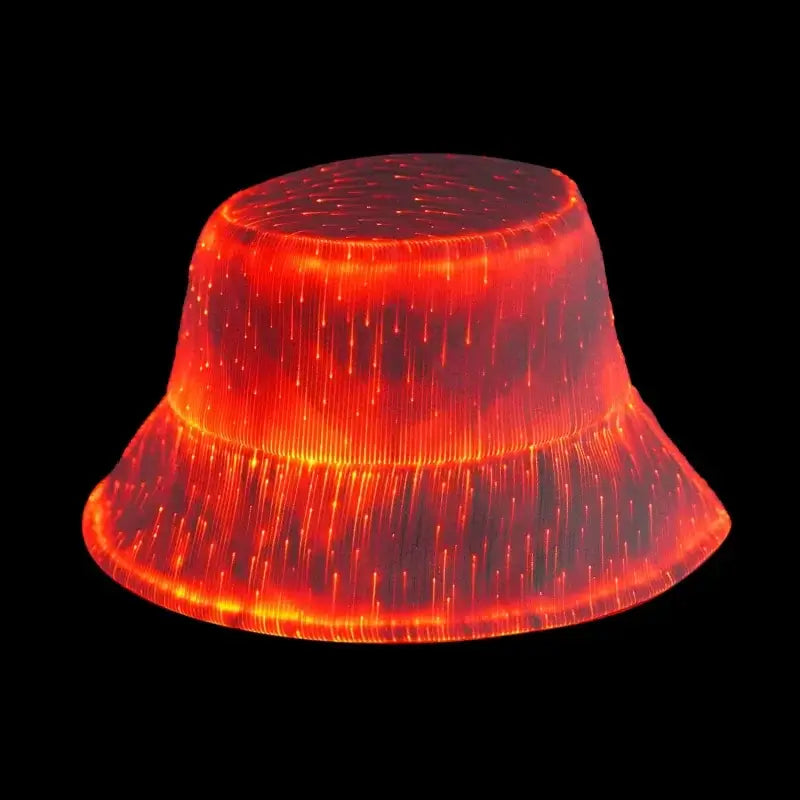 LED light-up fiber optic bucket hat glowing in vibrant red for festivals and raves.