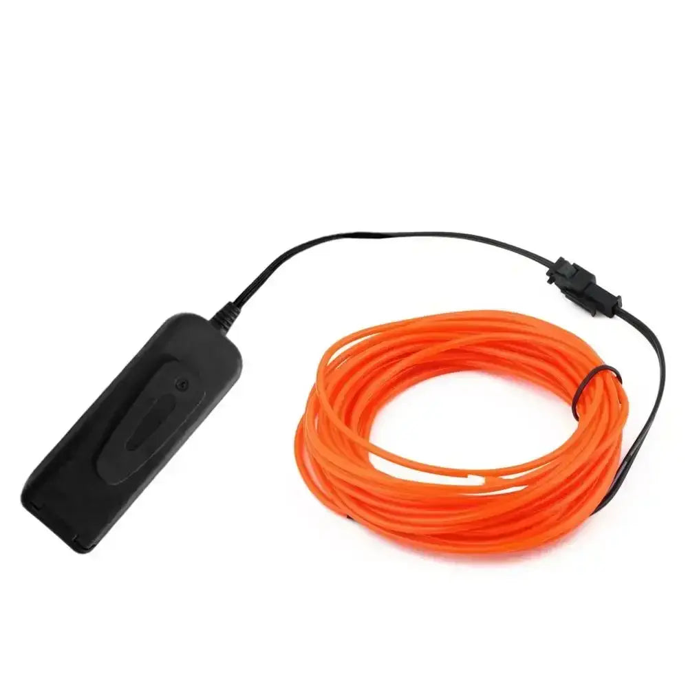 Vibrant EL Wire LED Neon Glow Cable in orange with controller, ideal for DIY costumes and decor in 1m, 3m, and 5m lengths.