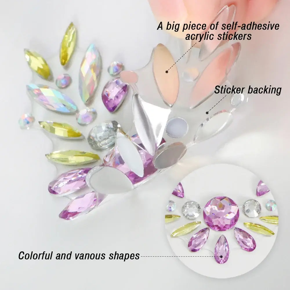 6-piece mermaid face jewels with colorful rhinestones and sticker backing for easy application and dazzling festival makeup.