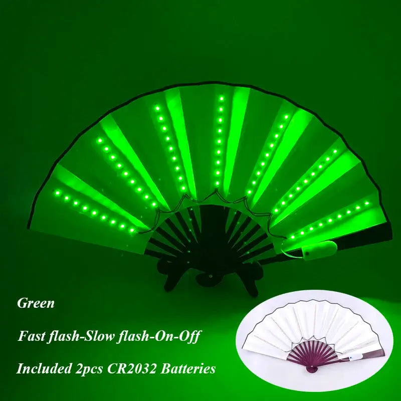 Green LED glow folding fan with battery, featuring fast and slow flash modes, perfect for dance performances and parties.