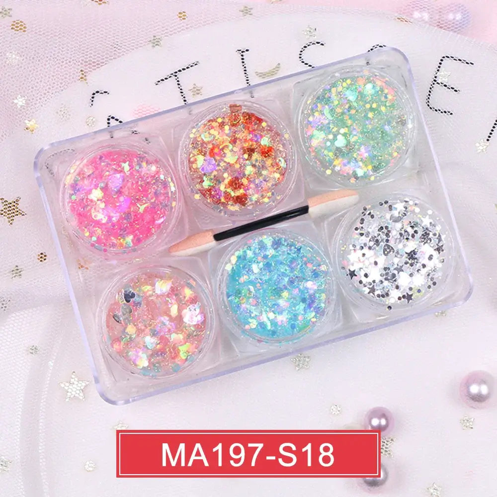 6 Jars Glitter Gel Set with Hearts, Stars, and Moon Sequins for Creative Festival Makeup on Face, Hair, and Body