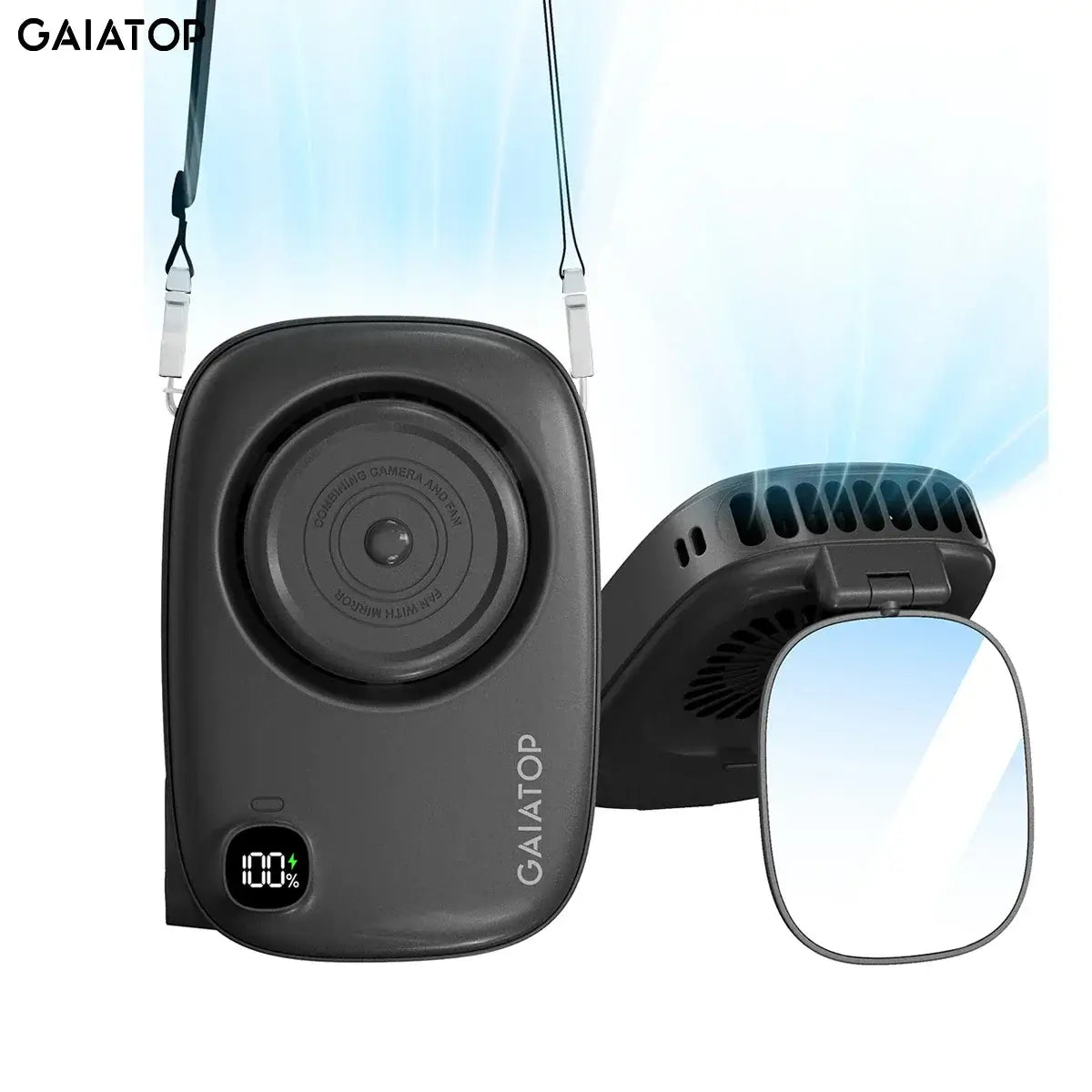 Portable Gaiatop Mini Fan with integrated makeup mirror, featuring a compact design and rechargeable 2000mAh battery for travel.