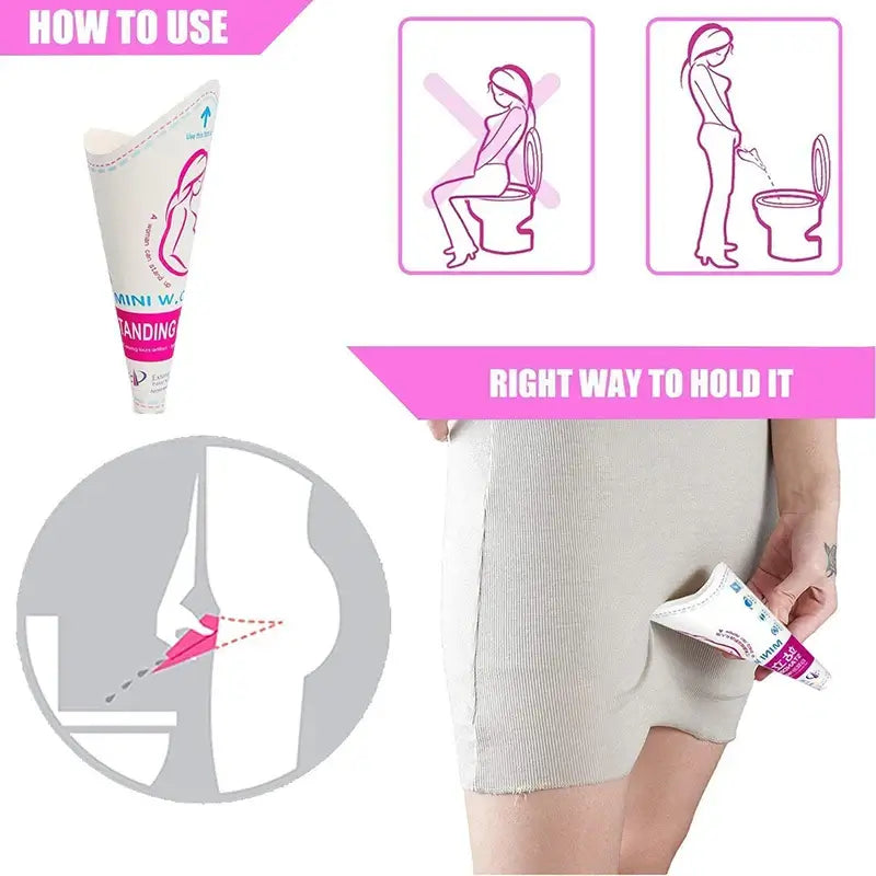 Instructional guide for using a disposable female urinal funnel, showing the correct way to urinate standing up.