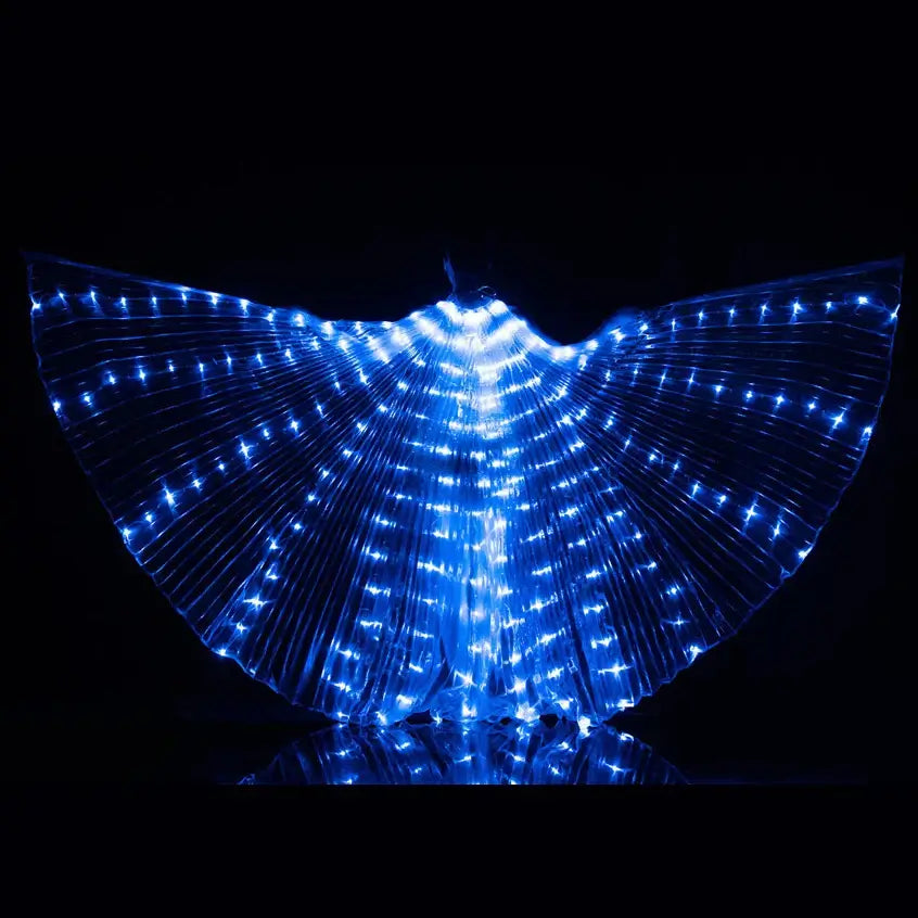 LED butterfly wings costume with vibrant blue lights, perfect for festivals and performances.