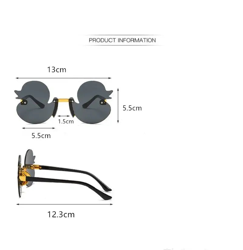 Cartoon duck-shaped rimless sunglasses with UV400 protection, dimensions shown for fun festival and rave parties.