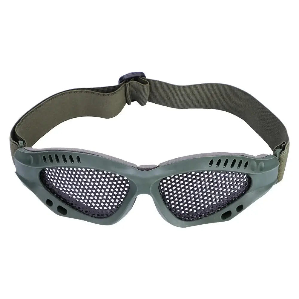 Metal mesh festival goggles with adjustable strap for eye protection at raves and festivals.