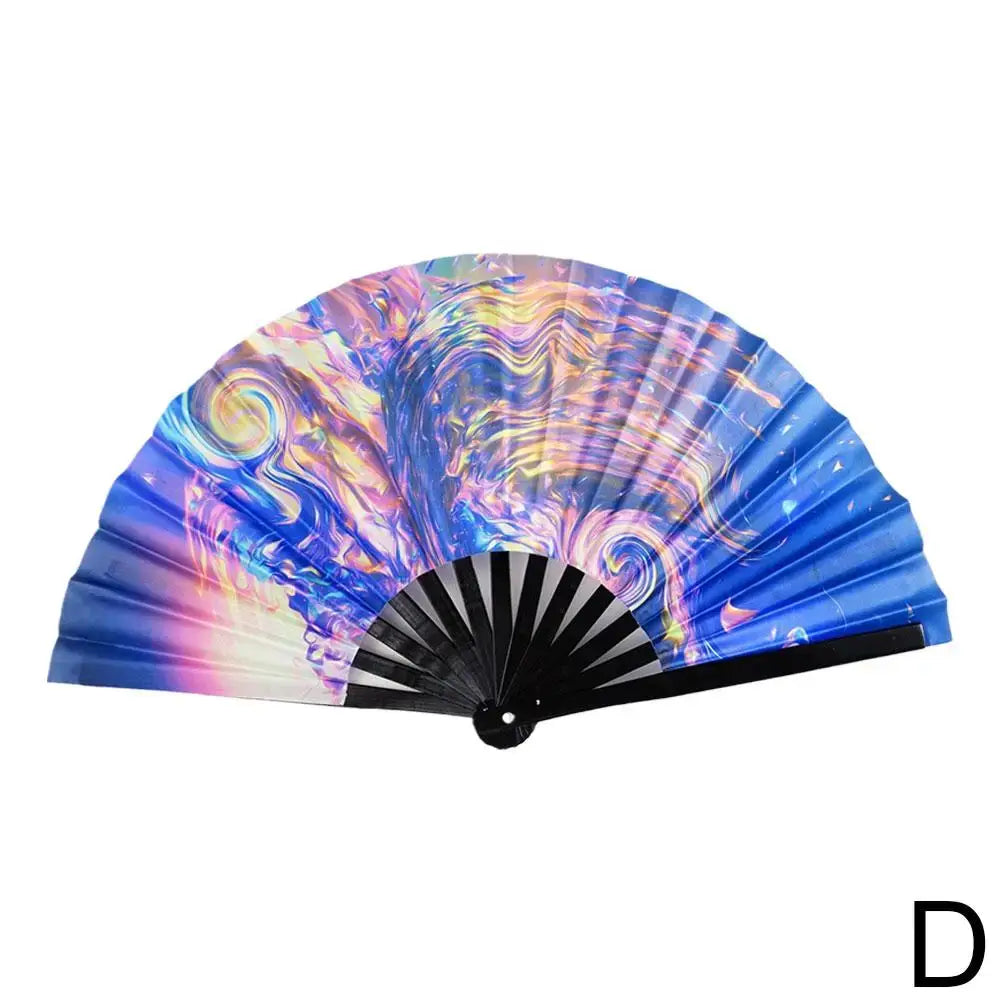 Colorful gradient reflective rave fan with bamboo ribs, perfect for festivals and parties.